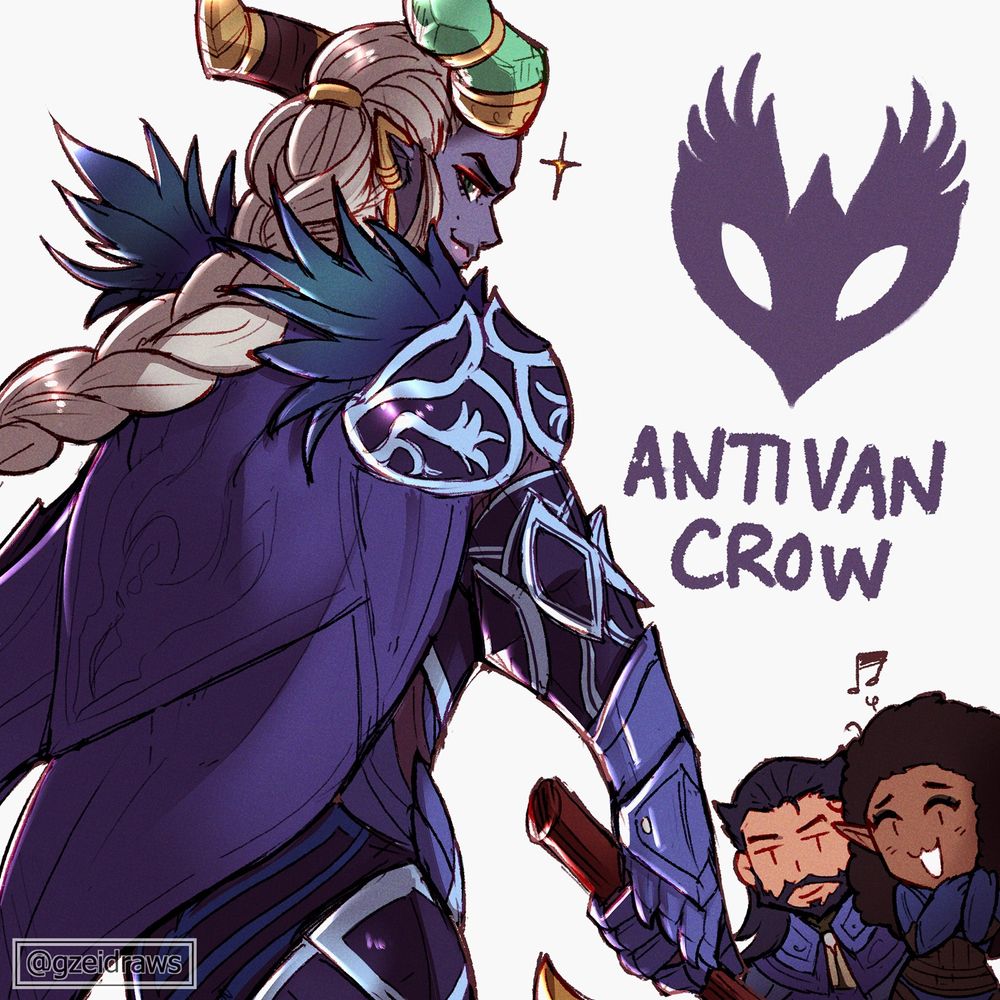 Dragon Age The Veilguard: Taash in one of the Antivan Crow outfits, emphasis on the flowing cape. Chibi Lucanis and Teia in the background, Teia being particularly fangirly. A reference to a banter between Taash and Lucanis where he mentions that he'll request Teia to obtain a Crow outfit for them.