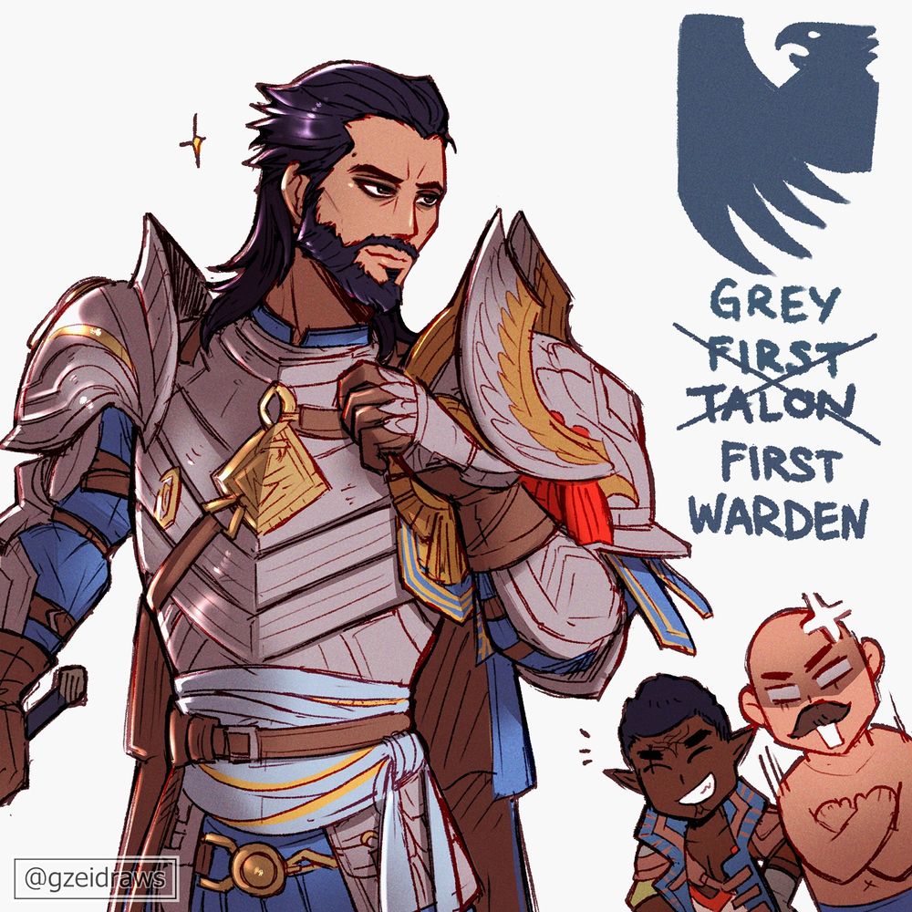 Dragon Age The Veilguard: Lucanis Dellamorte in the Grey Warden 'First Warden' outfit. Chibi Davrin and First Warden Jowin in the background, Davrin giving a cheeky grin while Jowin covers his chest in horrified anger (his outfit stolen by Lucanis). A reference to a banter between Lucanis and Davrin where they joke about the title of 'First Talon First Warden' and its combinations.