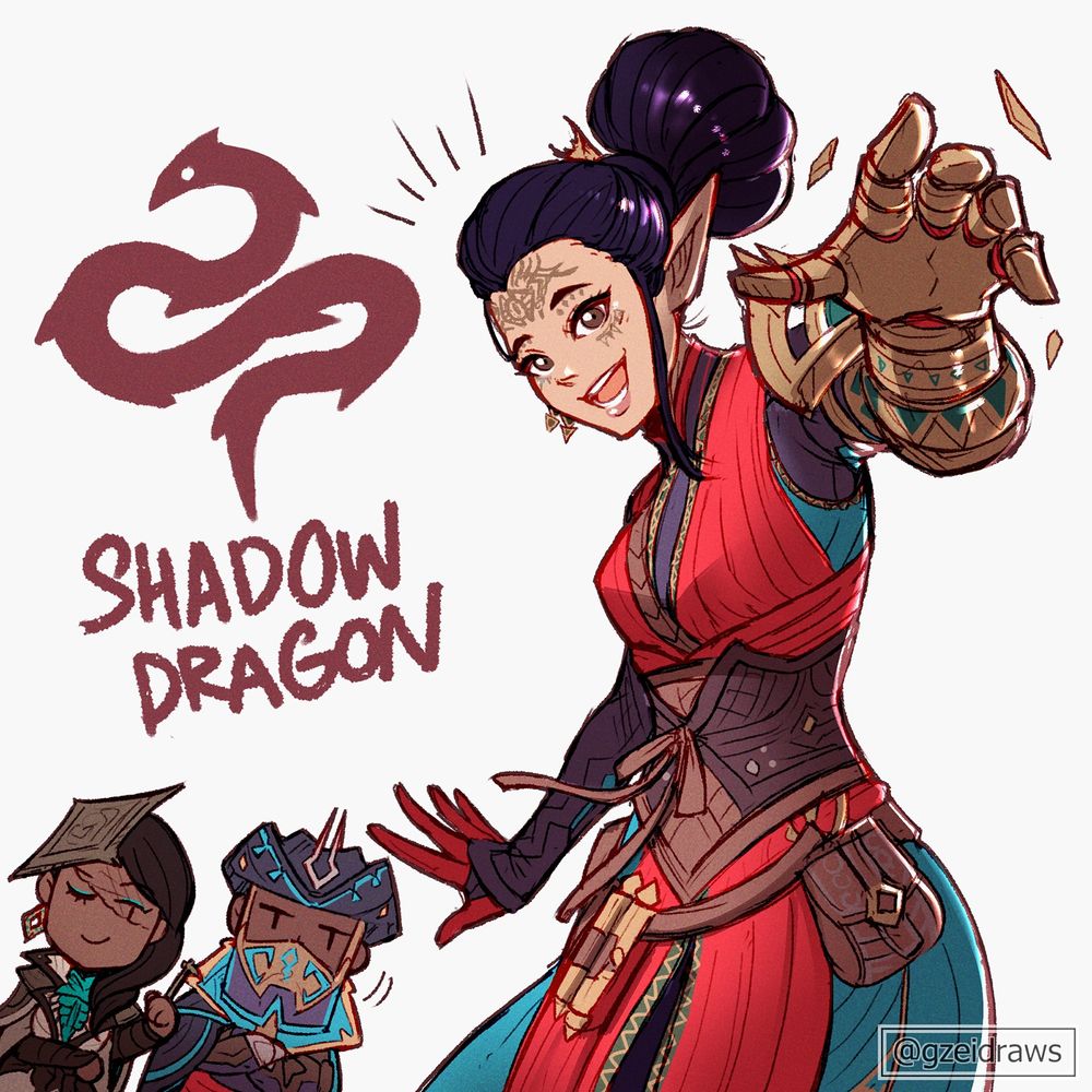 Dragon Age The Veilguard: Bellara Lutare in one of the Shadow Dragon outfits. Chibi Neve and Ashur in the background looking on approvingly. A reference to a banter between Bellara and Neve where Bellara really wants to try being a Shadow Dragon agent.