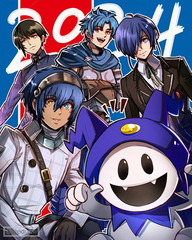 Character art representing Atlus's released/published titles in 2024. From left to right starting from top: Nahobino (Shin Megami Tensei V Vengeance), Alain (Unicorn Overlord), Makoto Yuki (Persona 3 Reload), Will (Metaphor Refantazio), and Jack Frost (demon and Atlus mascot)