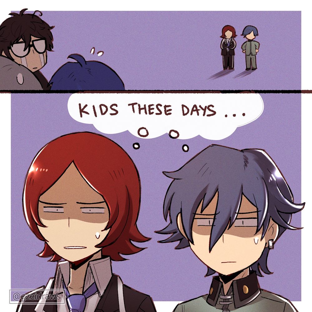 Persona series 4-panel comic, bonus panel: Tatsuya (Persona 2) and Naoya (Persona) are watching the commotion of the P345 boys in the distance. They have a mix of exasperated and weary expressions, both thinking "Kids these days...". The punchline here is that the older protagonists did not need any special outfits/accessories at all.