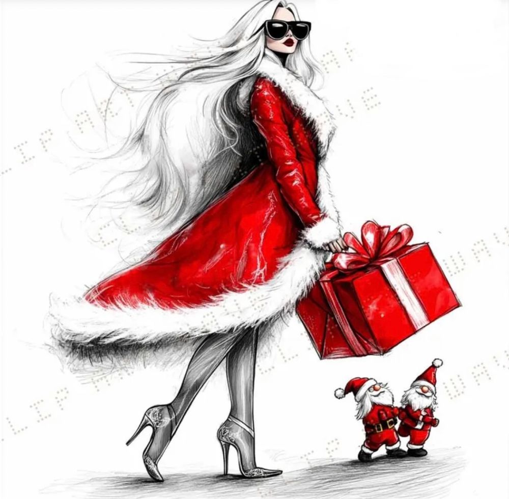 A woman in a Santa coat carrying a large gift . Two tiny Santa’s walking under the big gift.