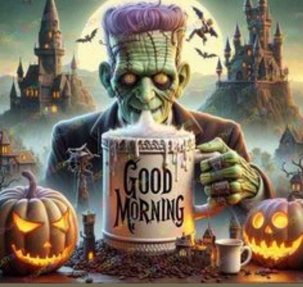 Frankenstein with a bubbling-over brew, maybe his special kind of coffee! Carved pumpkins looking on!