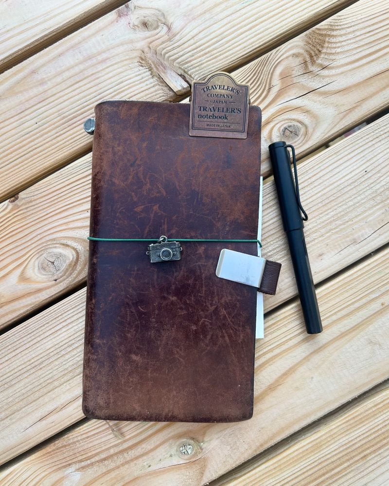 Brown Traveler's Notebook with camera charm, brass clip and Lamy fountain pen on a wooden background