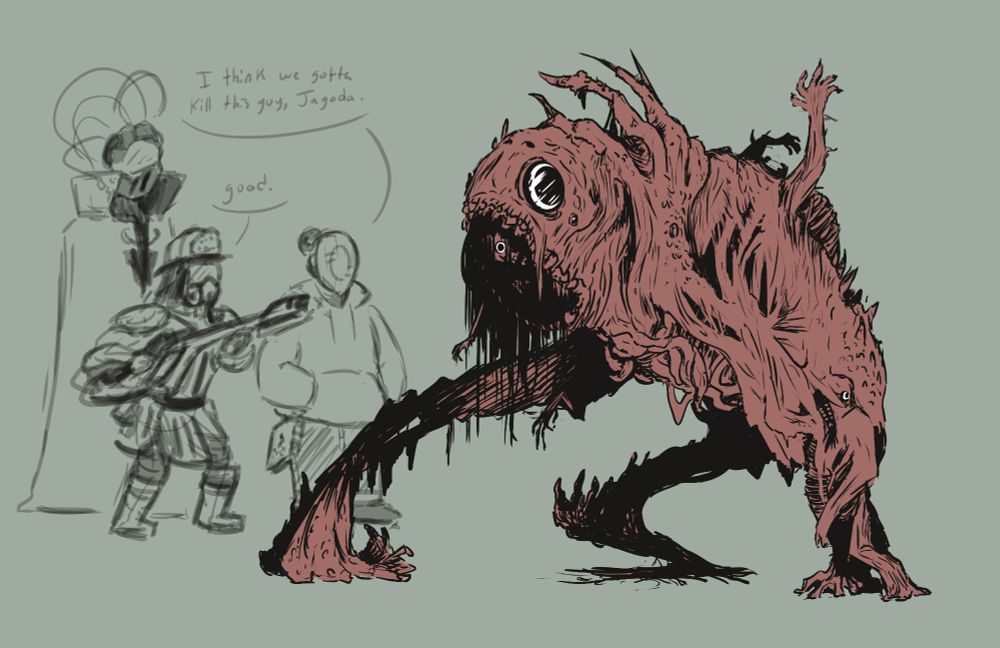 In the foreground, a large fish-eyed SCP-610 entity crouched on one of its forelimbs as it rubs / fuses its other hand to the back of its head, as multiple humanoid forms are seen fused to its form.
Three individuals stand behind it, A tall mechanical woman with wires exiting her skull, a female MTF Fire Eater with a flamethrower equipped, and a wooden masked individual wearing jeans and hoodie, with a Serpent's Hand embossed book at their side. 
The wooden mask individual states to the MTF, "I think we gotta kill this guy, Jagotda," who responds with a simple, "Good."
