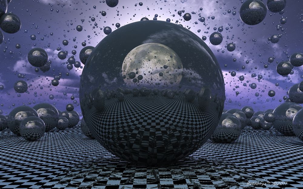 A 3D render of one large, and several hundred smaller chrome spheres all reflecting the moon against a backdrop of a checkered plane and violet sky with light flutfy clouds. The large sphere has impacted the checkered plane generating a small mound and cracks that radiate out from it.
