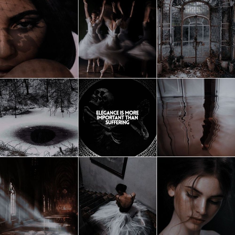 a 3X3 moodboard: a close up sultry shot of a face; ballerinas in white dresses; a greenhouse; a half-frozen lake; a quote "elegance is more important than suffering"; a distorted picture of a flooded room; a gothic-esque hallway; a ballerina sitting on stairs in a white costume; a pale girl with dark hair.