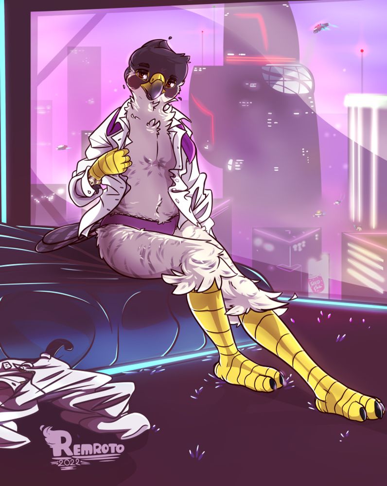 An anthro bird posing on a futuristic bed, slowly undressing with a cyberpunk-like cityscape behind him through the window.