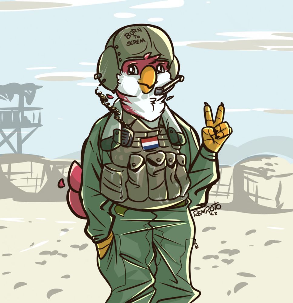 Anthro bird in a military pilot uniform throwing up a peace sign with his hand. His helmet has "Born to Screm" written on it.