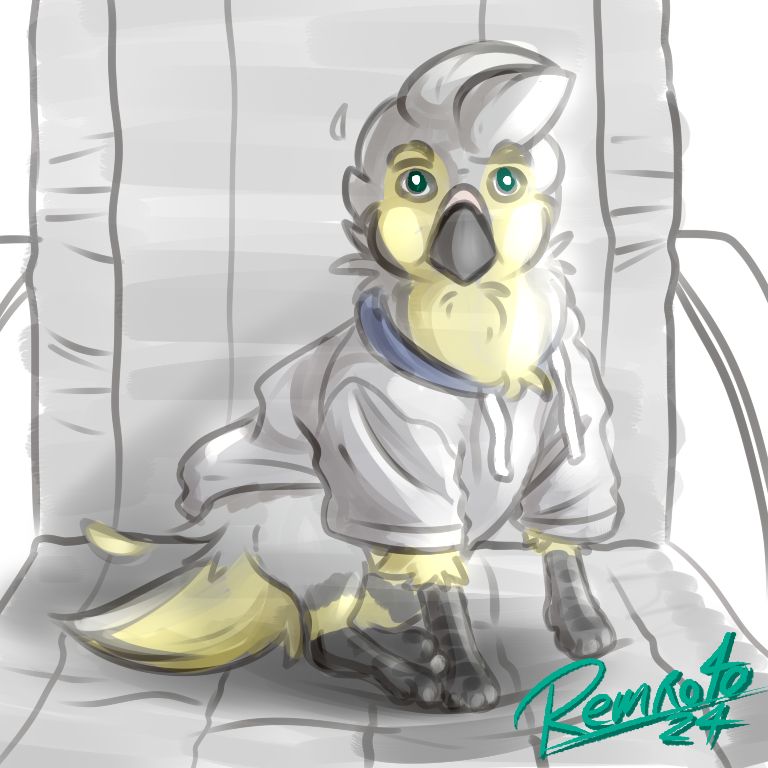 Polo drawn as a small dog sitting on a chair whilst retain avian features. He stares BLANKLY at the view without a single thought in his mind.
