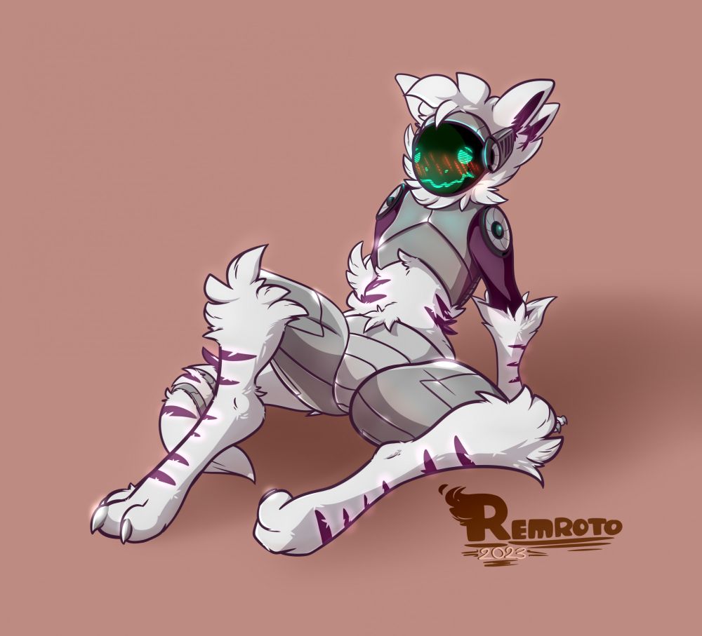 A protogen sitting, laying back after seemingly fallen over. How embarrassing!