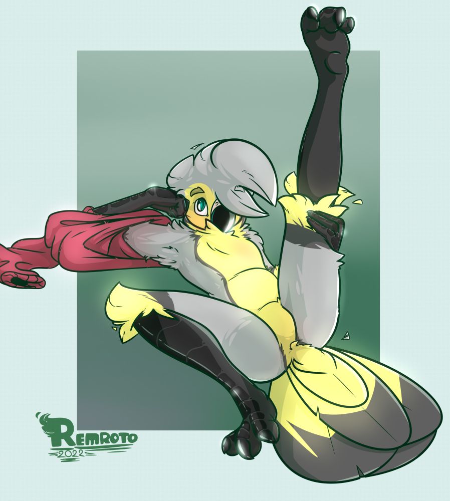 An anthro bird holding his leg up, stretching it into the air as he strikes a pose, looking at the viewer!