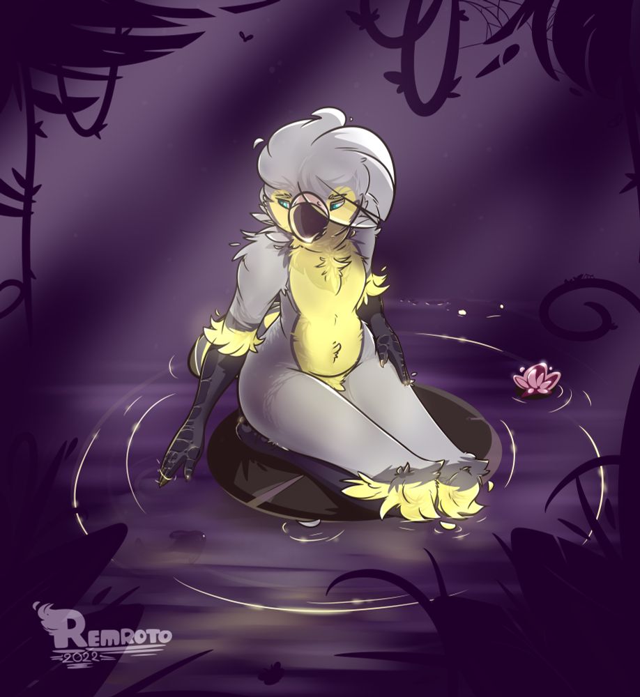 Anthro bird looking pensively into dark purple water, brushing their hand through it as they float along on a lily pad.