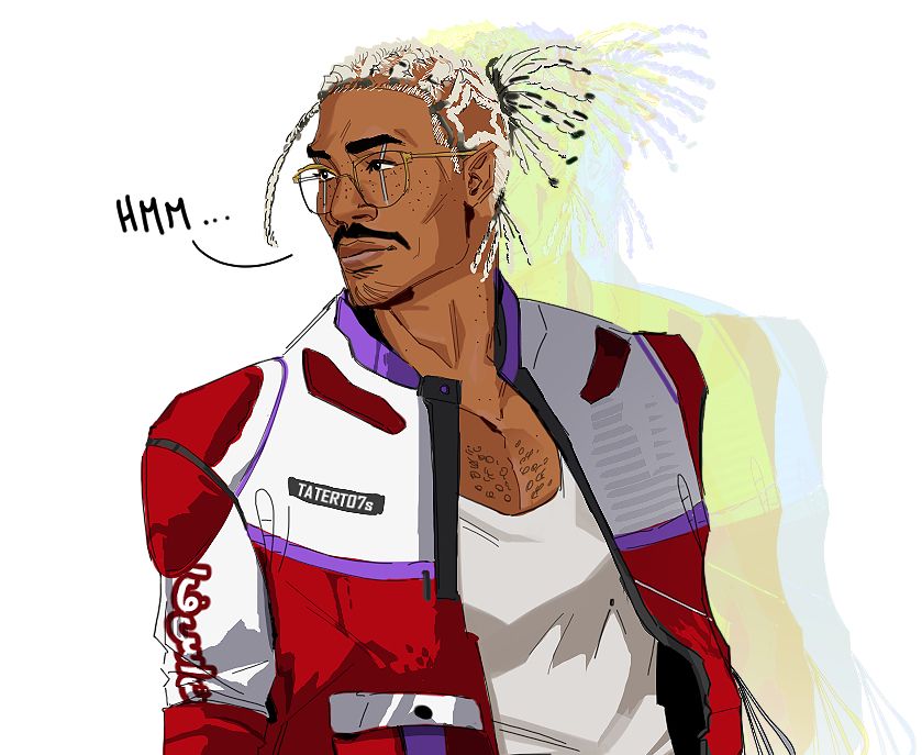 A close-up of the illustration. Vlad’s head is slightly tilted to the left of the illustration. A speech-bubble with the word “Hmm…” is written by him.