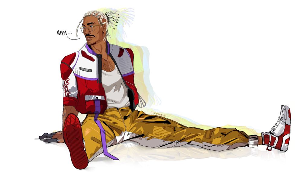 A fullbody illustration of an original character/protagonist for Cyberpunk: 2077, Vlad’ (aka V, he/they). Vlad had light Brown-skin, freckles, brown eyes, cyberware that extends from his eyebrow to cheek. They have an updo hairstyle with star-shaped cornrows braid patterning. He wears a red and white jacket with purple accents, mustard pants, and red/white shoes. They are posed in a sitting position with their legs spread out. 