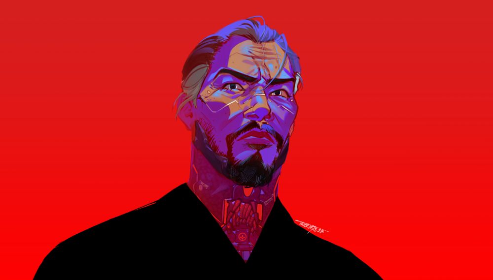 A portrait illustration of Goro Takemura, from the game Cyberpunk 2077. Takemura has tanned skin, a grizzled goatee, grey sideburns, and cyberware on his jaw and neck. He also has a white ring on the bottom of his iris. The illustration uses purple shading and blue lighting, with a red background. The perspective of the portrait is chin-up. He also wears a black suit. 