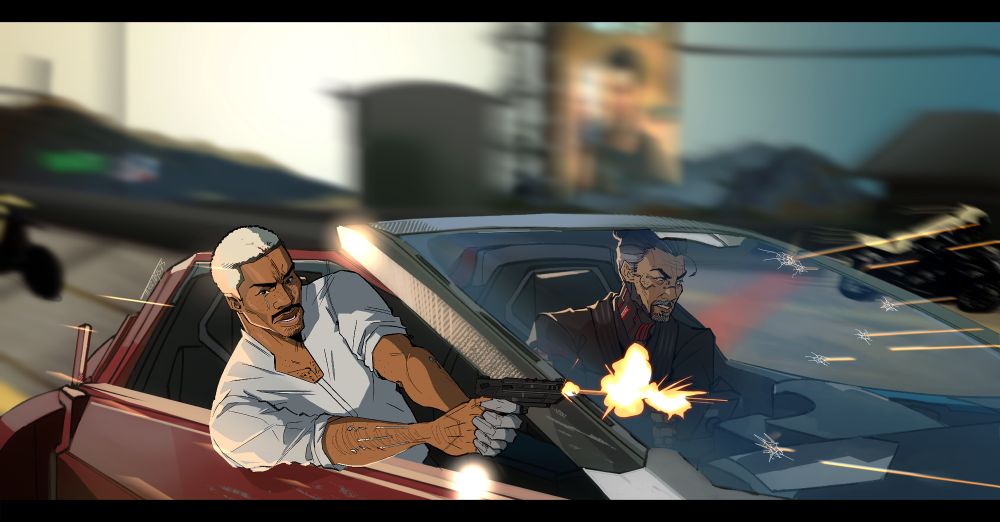 An illustration featuring a car chase with characters from Cyberpunk: 2077, specifically a customized V (Vlad, he/they) and Goro Takemura. V has light Brown skin, blood stained on their bleached hair, a white collared shirt, and rolled sleeves. They are positioned with shooting from the car. Takemura is driving on the other side, holding onto his arm while injured. There are motorcyclists in the illustration. And the sports car featured in the artwork, is a dark red.