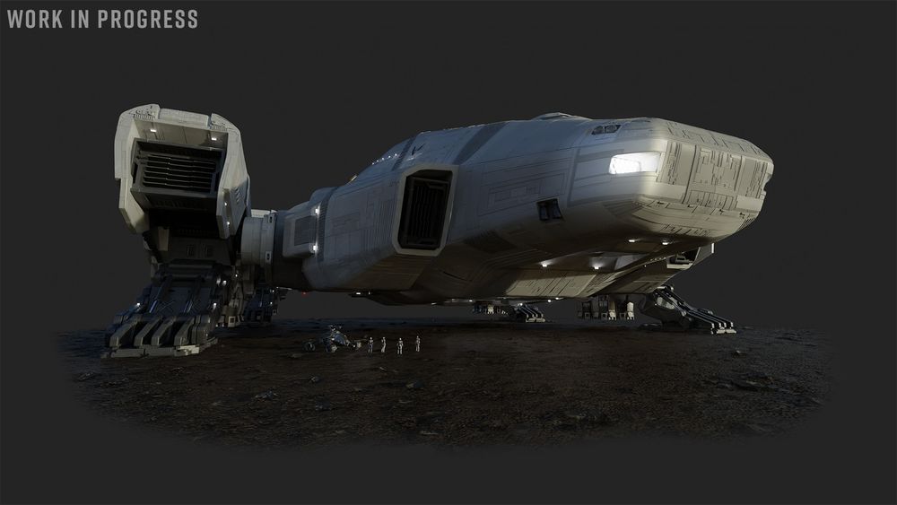 Concept art showing an upcoming spaceship from Elite Dangerous - The Panther Clipper, landed, showing a low view from the front of the ship. 