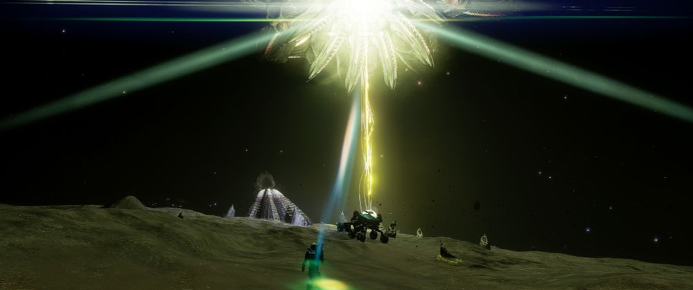 A wide shot taken at night of a Thargoid barnacle site in the Coalsack nebula. Showing a Thargoid interceptor scanning the barnacle from above as the commander watches from below. 