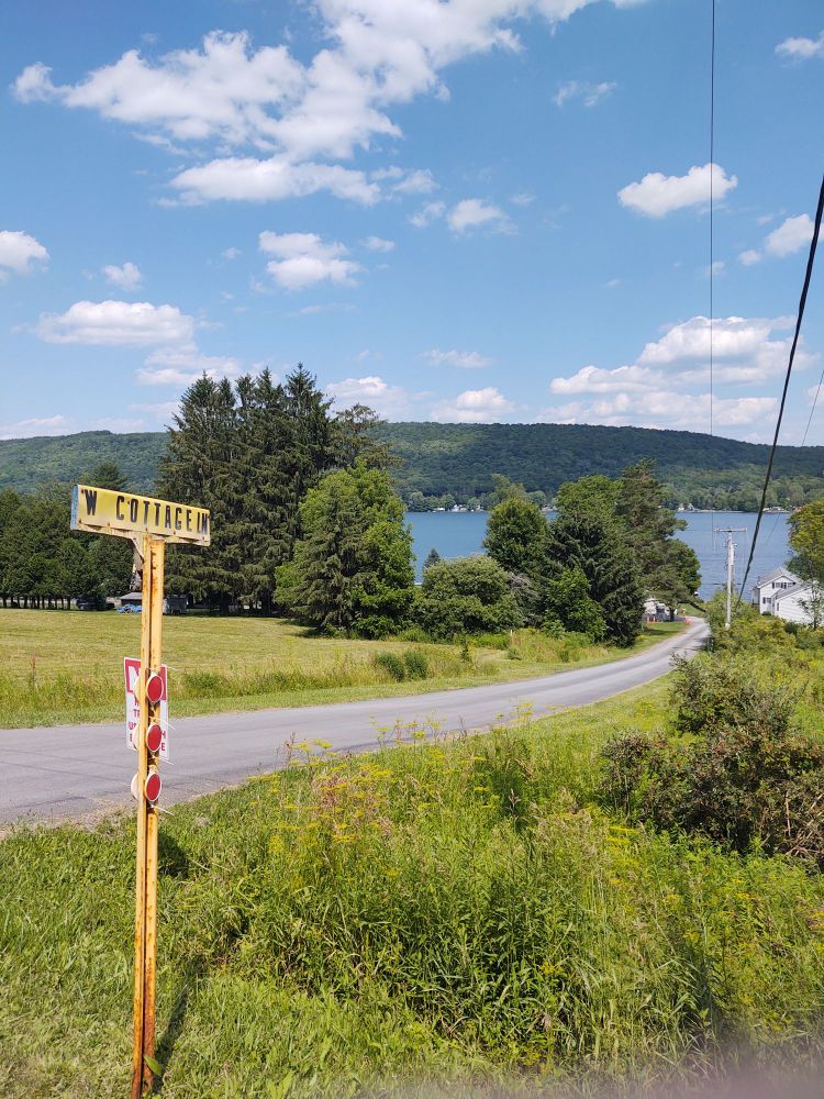 W Cottage Ln in DeRuyter, NY. It's a picture of the road going downhill into a lake, you can see trees, the hills in the background, and open grass.