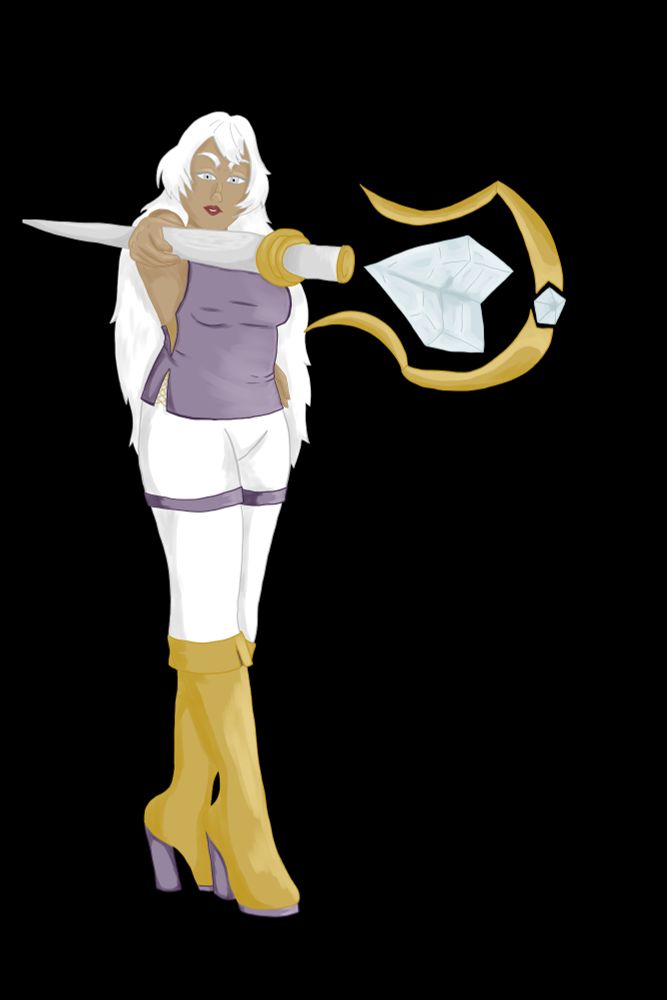 Art of a pale woman with white hair and grey eyes. They're wielding a silver and gold staff with a heart shaped gem at the top. Their outfit is purple, white, gold.