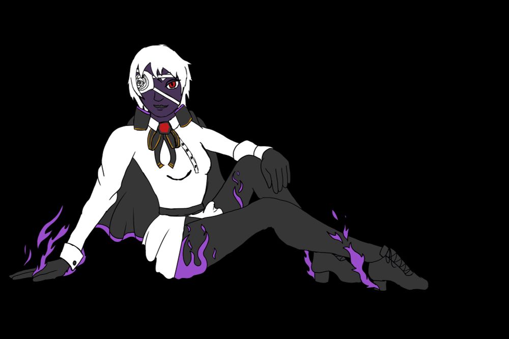 A feminine figure wearing black and white with gold and red accents, lit by purple flame.