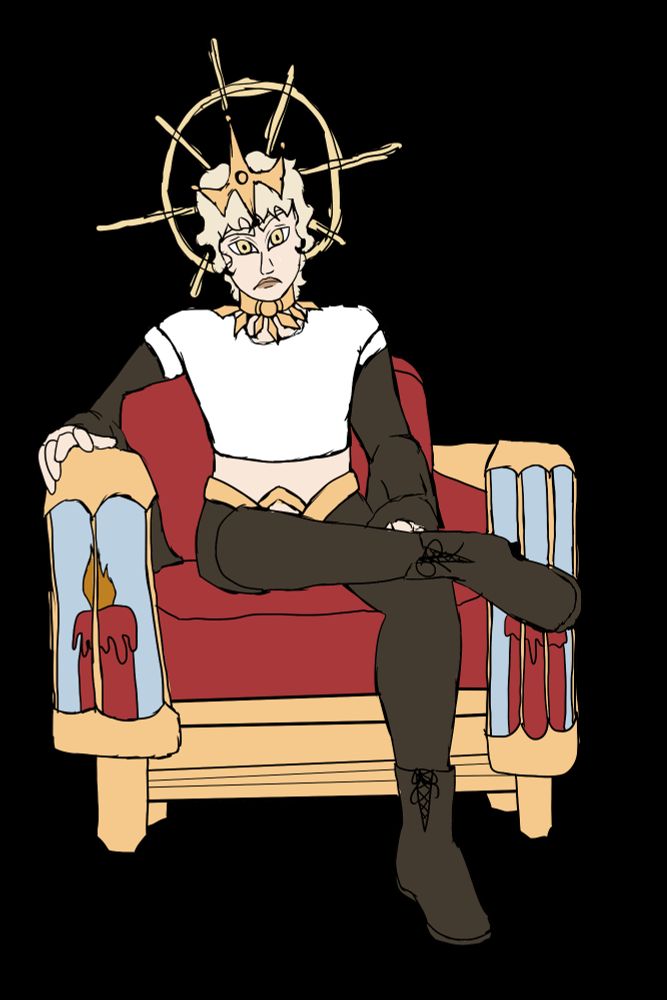 A sketch of a man on a throne, the handles are made of candles.
