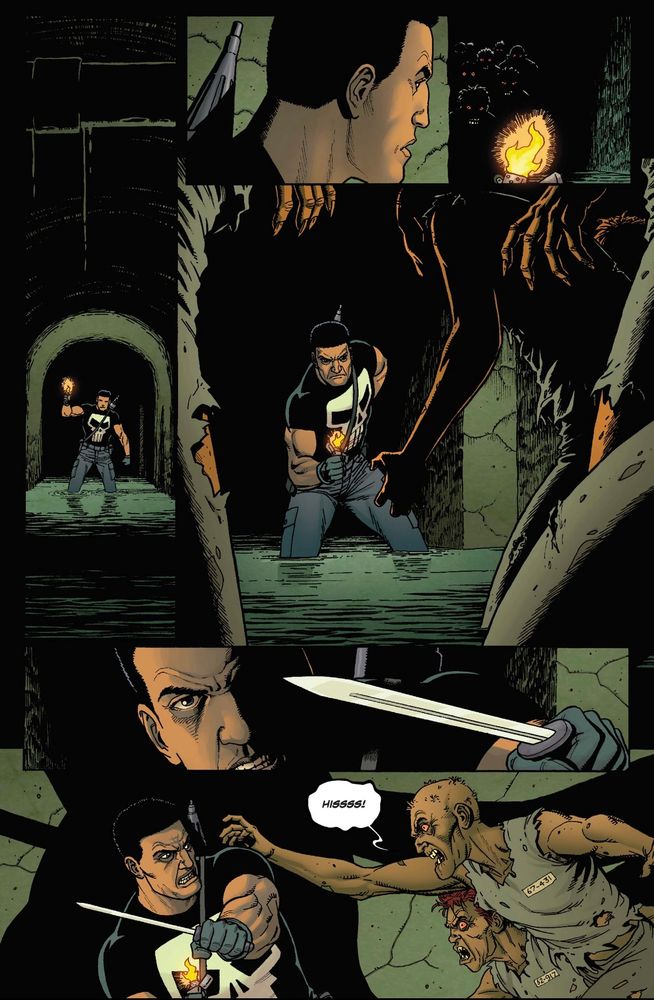 A page from a Punisher comic book written by Becky Cloonan, drawn by Steve Dillon, colored by Frank Martin, lettered by Cory Petit, showing Punisher fighting drug-crazed maniacs in a sewer.
