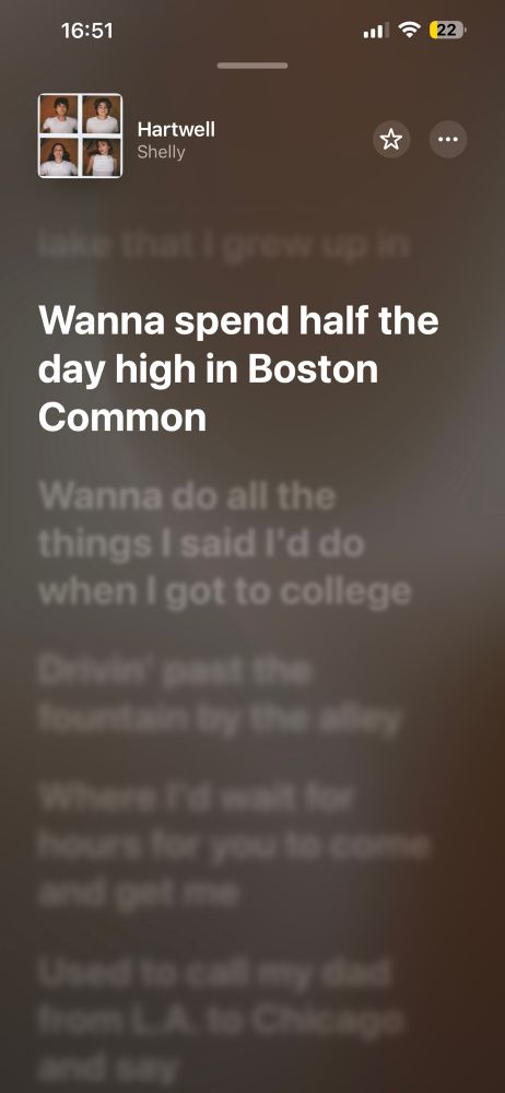 The lyric “wanna spend half the day high in Boston Common” in the song Hartwell by Shelly