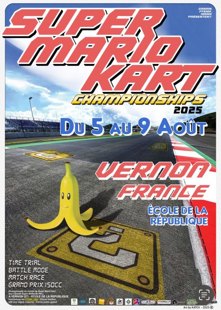 Affiche des championnats du monde sur le jeu super mario kart qui aura lieu a vernon du 5 au 9 aout 