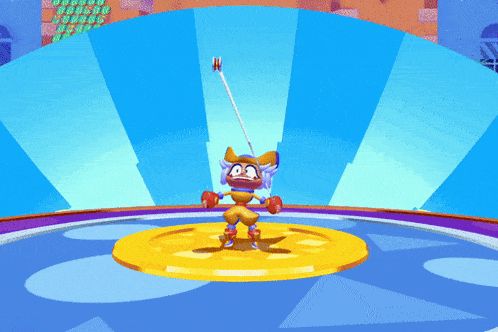 Gif issu du jeu Penny's Big Breakway ou l'on voit le personnage principale effectué une danse lors de la fin du niveau