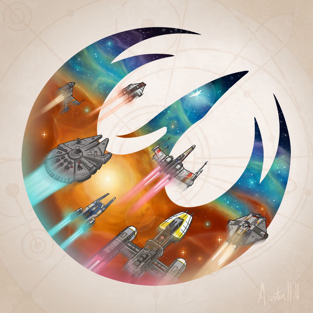 Star Wars fan art. The Rebel Starbird symbol shows a galaxy and Rebel ships are flying out. The Ghost, the Millennium Falcon, an X-wing, A-wing, Y-wing, B-wing, and U-wing,