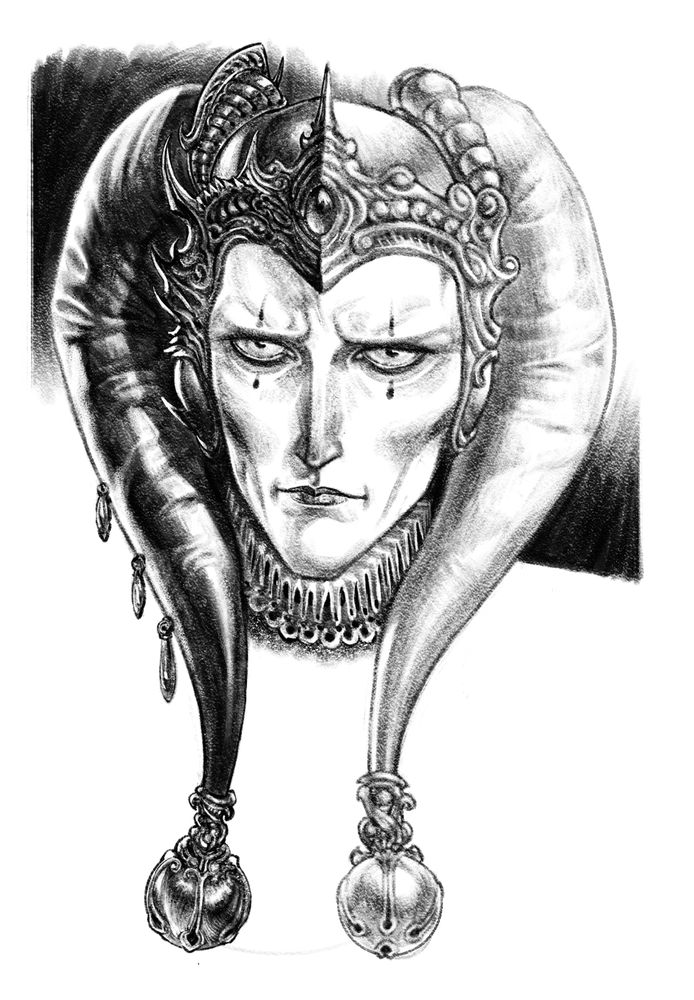 Black and white portrait of an harlequin. The drawing is made to look like in the style of Shin'ichi Sakamoto and various other seinen manga. The character is in the typical hat ended in two big bells and wearing subtle white make with accent in the eyes.