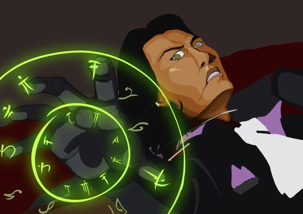 Work in progress of an illustration of Occtis Tachonis casting Mind Spike in Critical Role's C4E4.