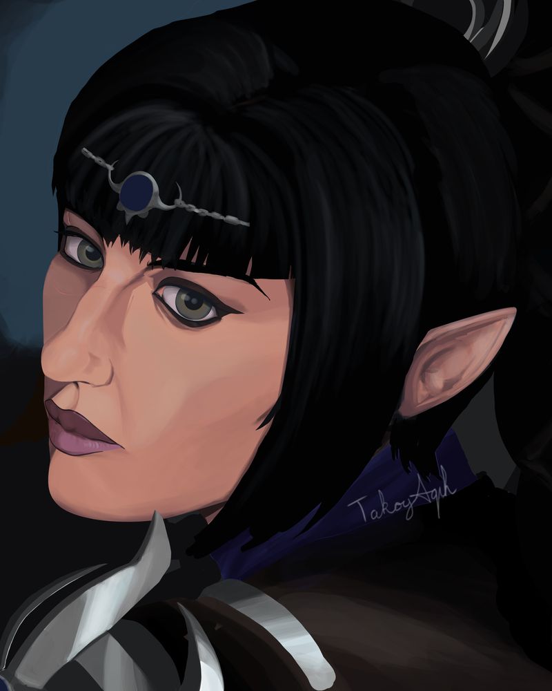 Over-the-shoulder digital painting portrait of Shadowheart from Baldur's Gate  3