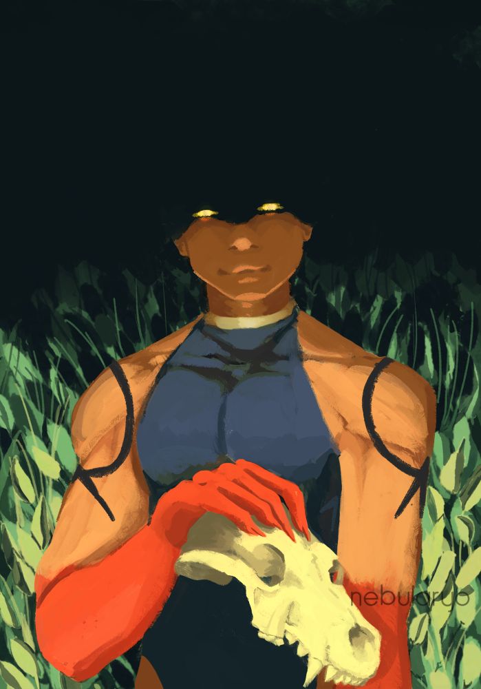 A man in front of what seems a grassy field. His face is hidden, and he's holding a wolf skull. His hands and arms are tainted red. Only his eyes shine in the darkness.
