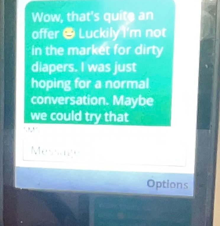 "Wow, that's quite an offer. Luckily I'm not in the market for dirty diapers. I was just hoping for a normal conversation. Maybe we could try that"