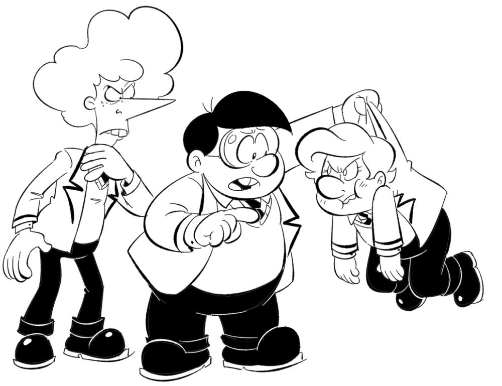 Alfie is picking up Richard by his shirt collar. Richard is dangling in the air, unamused and angry. Nigel is also there.