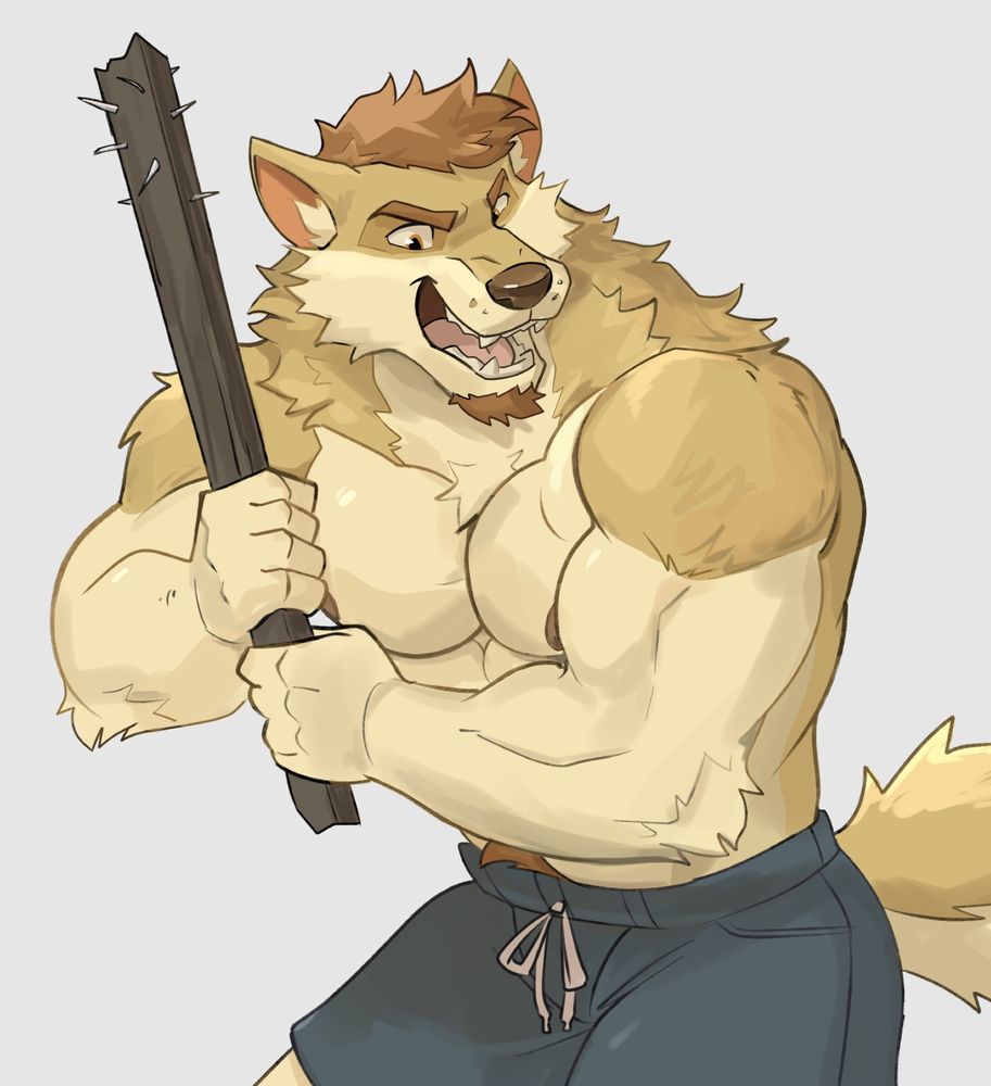 Alejandro with a fierce expression and wielding a plank with nails.