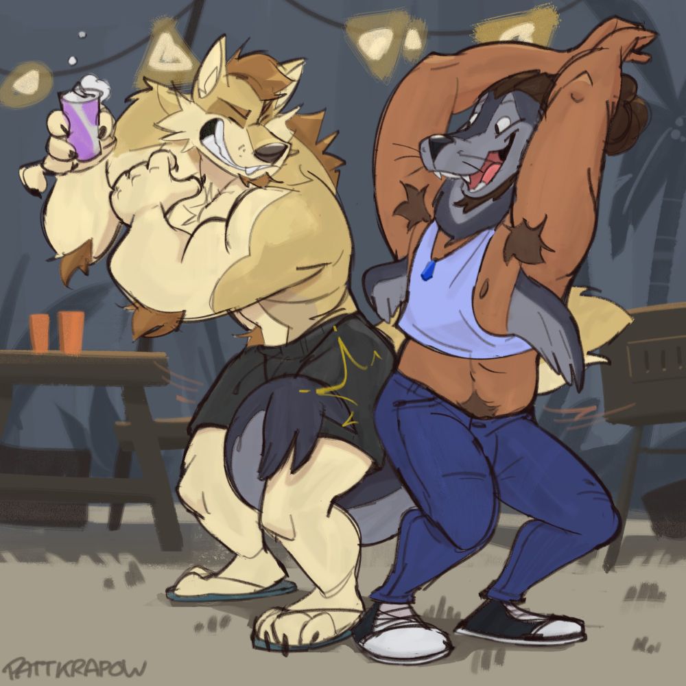 Alejandro a big buff wolf and Arthy the sea lion dances and does a bump into each other. The setting is a night time outdoor tropical picnic area with lights hanging above.