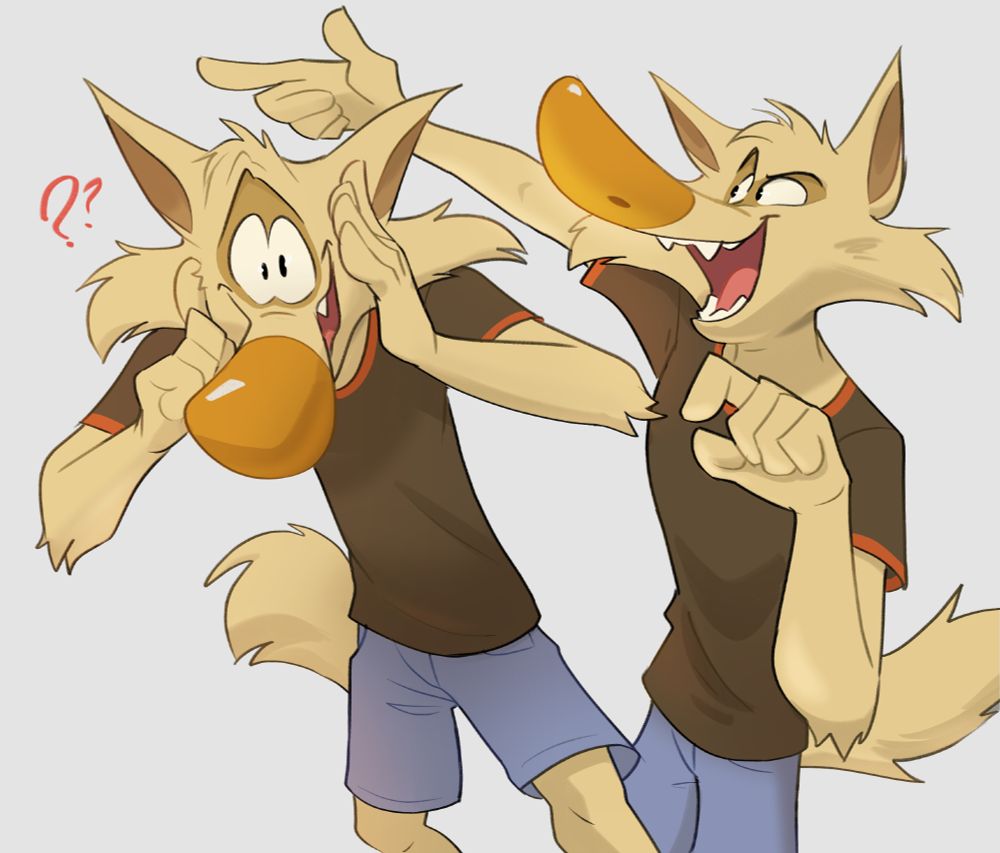 Cappucino-- the long nosed cartoony wolf is making a nervously confused face. To the right is an extra pose of him pointing to the side
