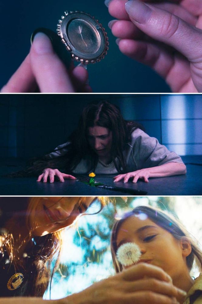 Three images from Agatha All Along Earth trial. The first is a dandelion seed saved in her locket Along with her son's lock of hair. Second image is a yellow dandelion growing up out of the concrete and the third image is Agathas son blowing the dandelion from which she saved the seed.