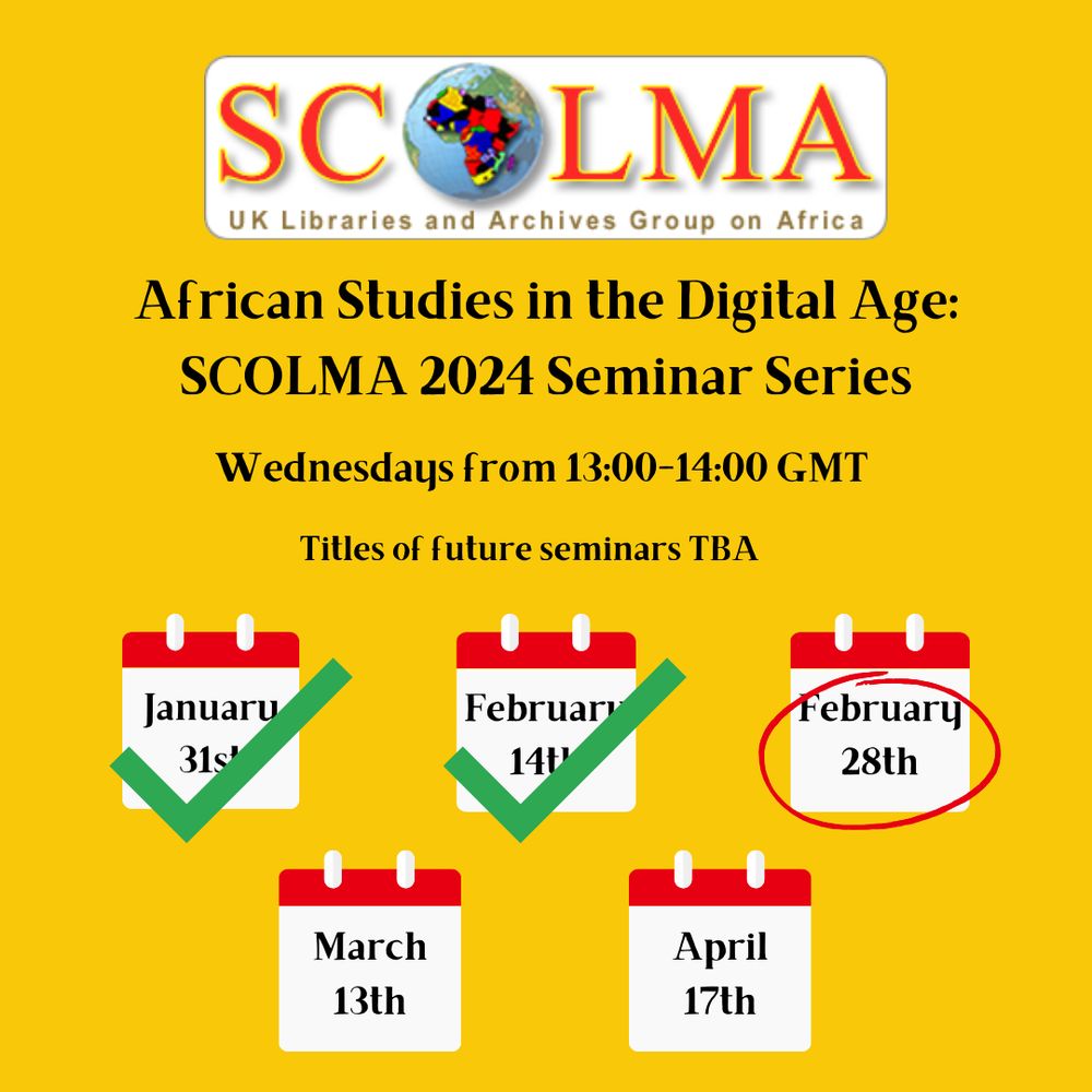 A poster showing the dates for the SCOLMA 2024 seminar series. February 28th is up next, then March 13th, and April 17th.