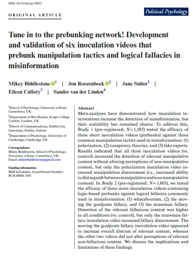 Landing page for our new open access article “Tune in to the prebunking network! Development and validation of six inoculation videos that prebunk manipulation tactics and logical fallacies in misinformation”, published in Political Psychology.