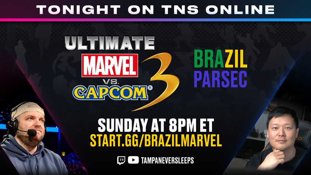 Sign up for the TNS UMvC3 Brazil Parsec tournament at start.gg/BrazilMarvel, bracket begins at 8pm ET, 9pm Brasilia Time, stream available at twitch.tv/tampaneversleeps and www.youtube.com/@TampaNeverSleeps