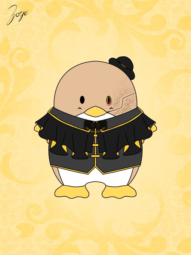 Pale yellow background with slightly-darker yellow floral and lace prints. Both fade out towards the center.

Center contains a figure resembling Sanrio's Tuxedo Sam with the character design of Janus from Sanders Sides; A round penguin with tan feathers and white belly, yellow beak and oval eyes. The left side of his face features brown dots for snake scales, an angle like to represent a snake's mouth, and a detailed snake eye. He wears a black bowler hat on the left side of his head, as well as a black and yellow caplet, grey and yellow dress shirt, a black bow tie, and a gold collar chain.