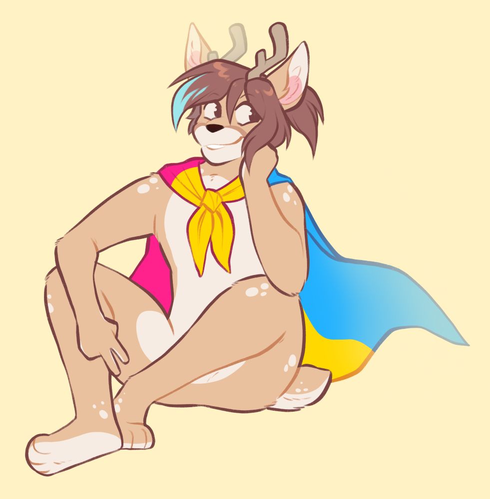 Shen, SFW, only wearing a pan pride flag as a cape.
Art by Fabuponah!