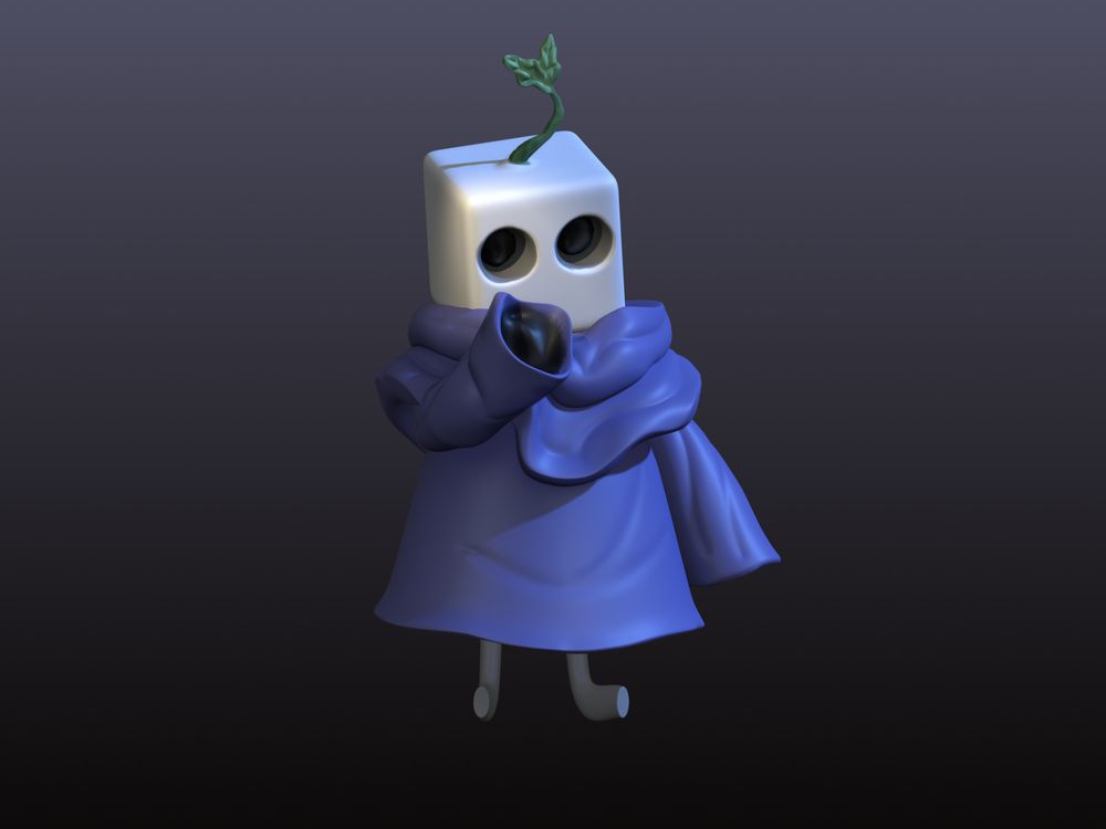 A standstill image of simple tofu block head with a green leaf stemming from the head. It is also wearing an oversize blue hoodie and holding one sleeve up to its face inquisitively.