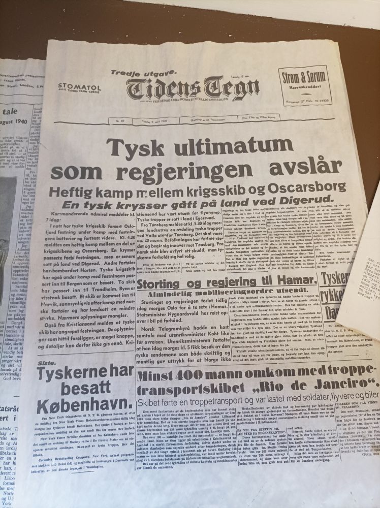 Tidens Tegn newspaper from 1940 reporting on the government rejecting a German ultimatum 