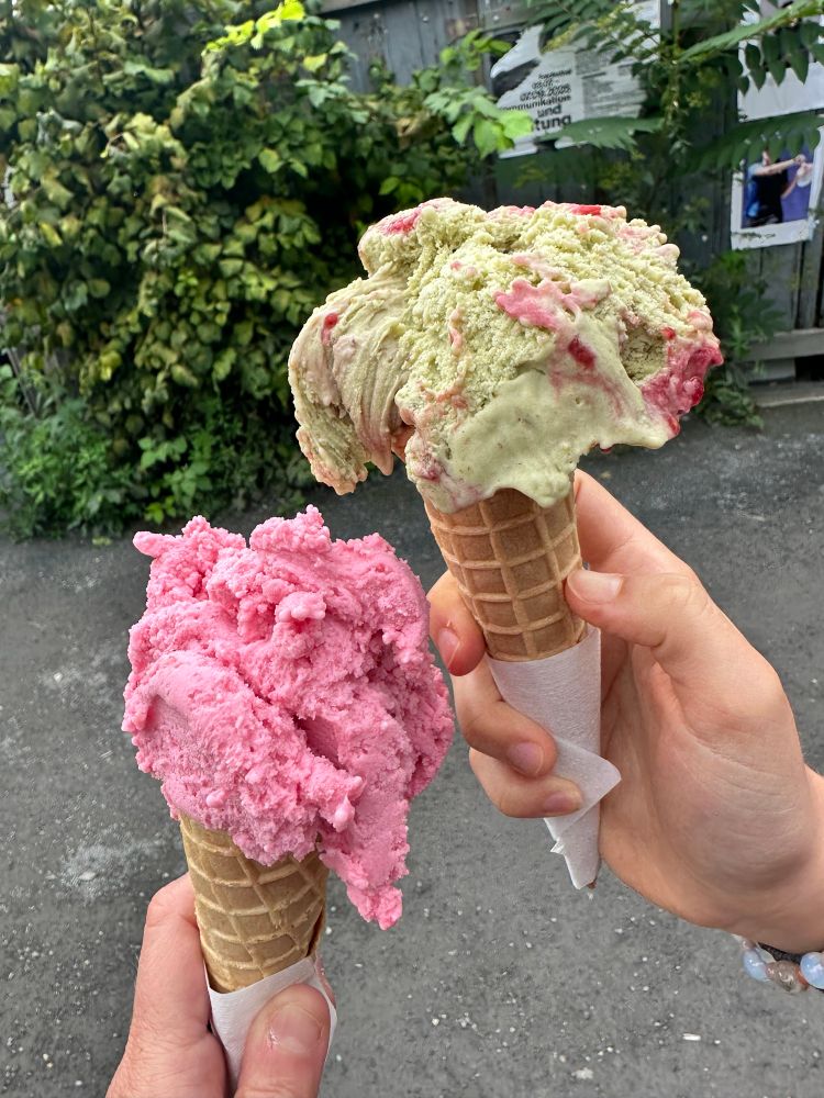 Pomegranate ice cream and pistachio & raspberry ice cream 